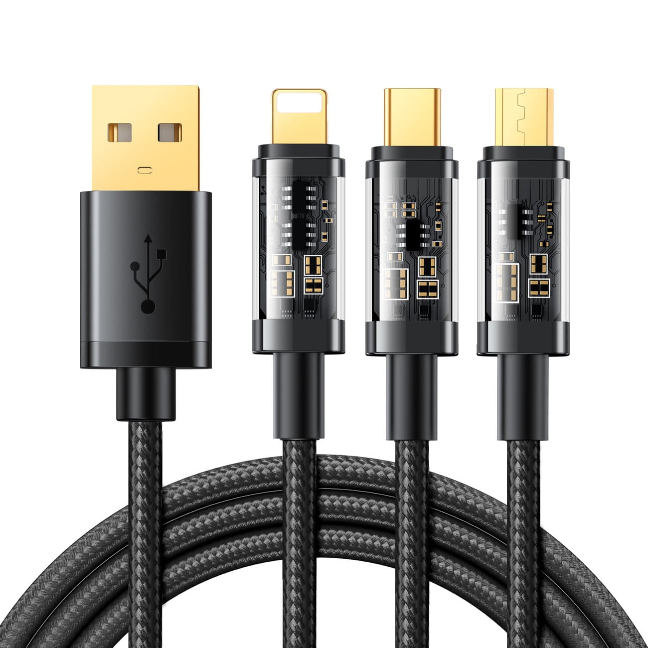 Универсален USB кабел с Lightning, microUSB и USB-C конектори (120 см) (черен) - Joyroom 3-in-1 Charging Cable