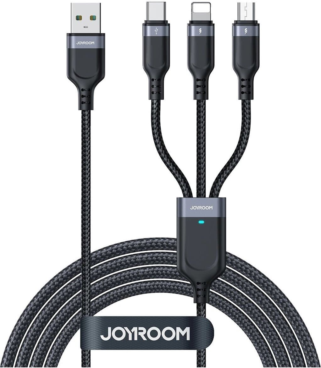 Универсален USB-A кабел с Lightning, microUSB и USB-C конектори (120 см) - Joyroom 3-in-1 USB-A Fast Charging Cable 3.5A (черен)