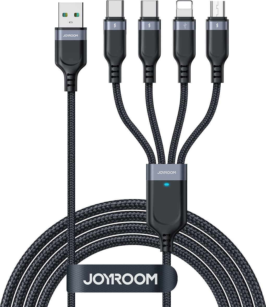 Универсален USB-A кабел с microUSB, Lightning и 2xUSB-C конектори (120 см) - Joyroom Fast 4-in-1 Charging Data Cable 3.5А (черен)