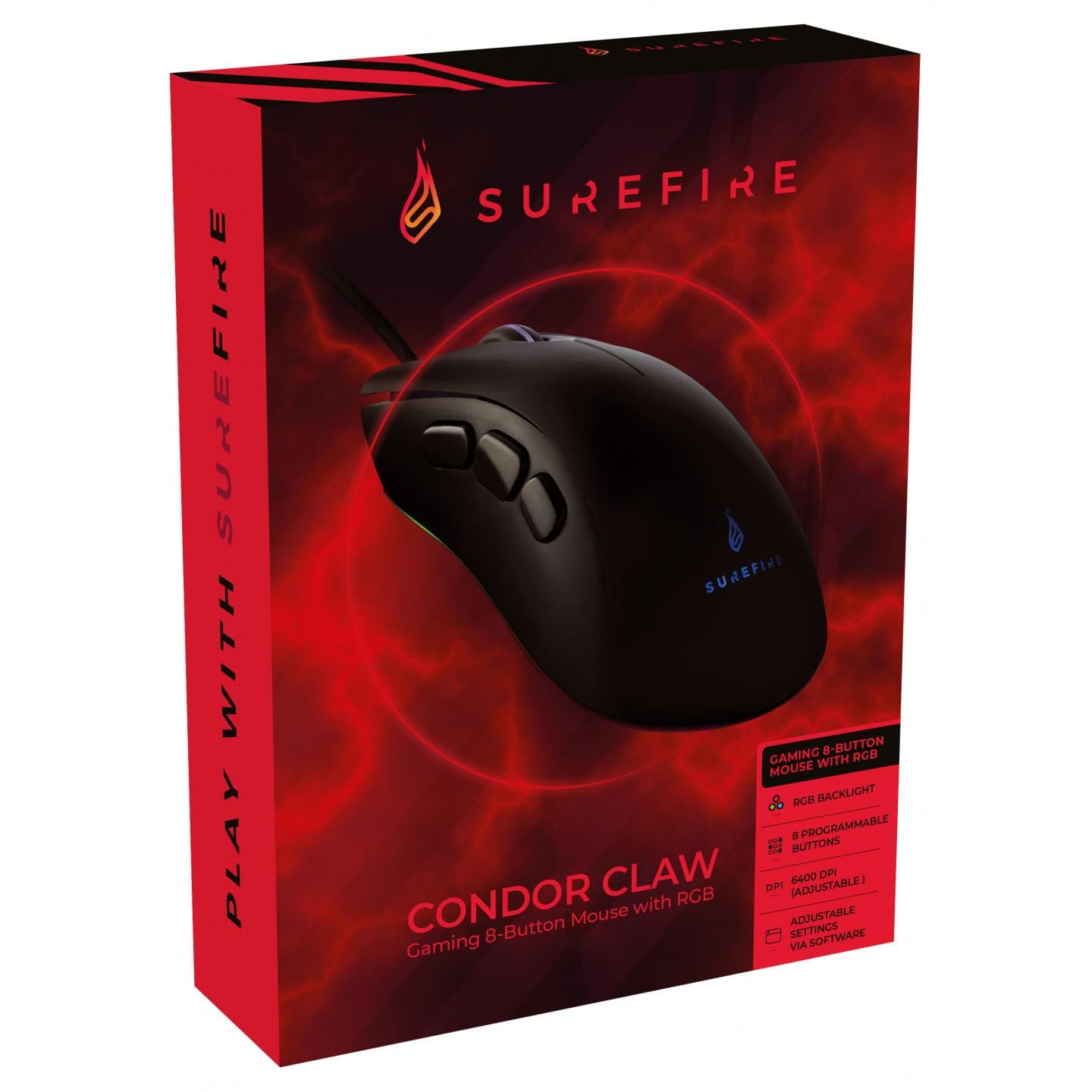 Мишка SureFire Condor Claw, оптична (6400 dpi), USB, черна, 8 бутона