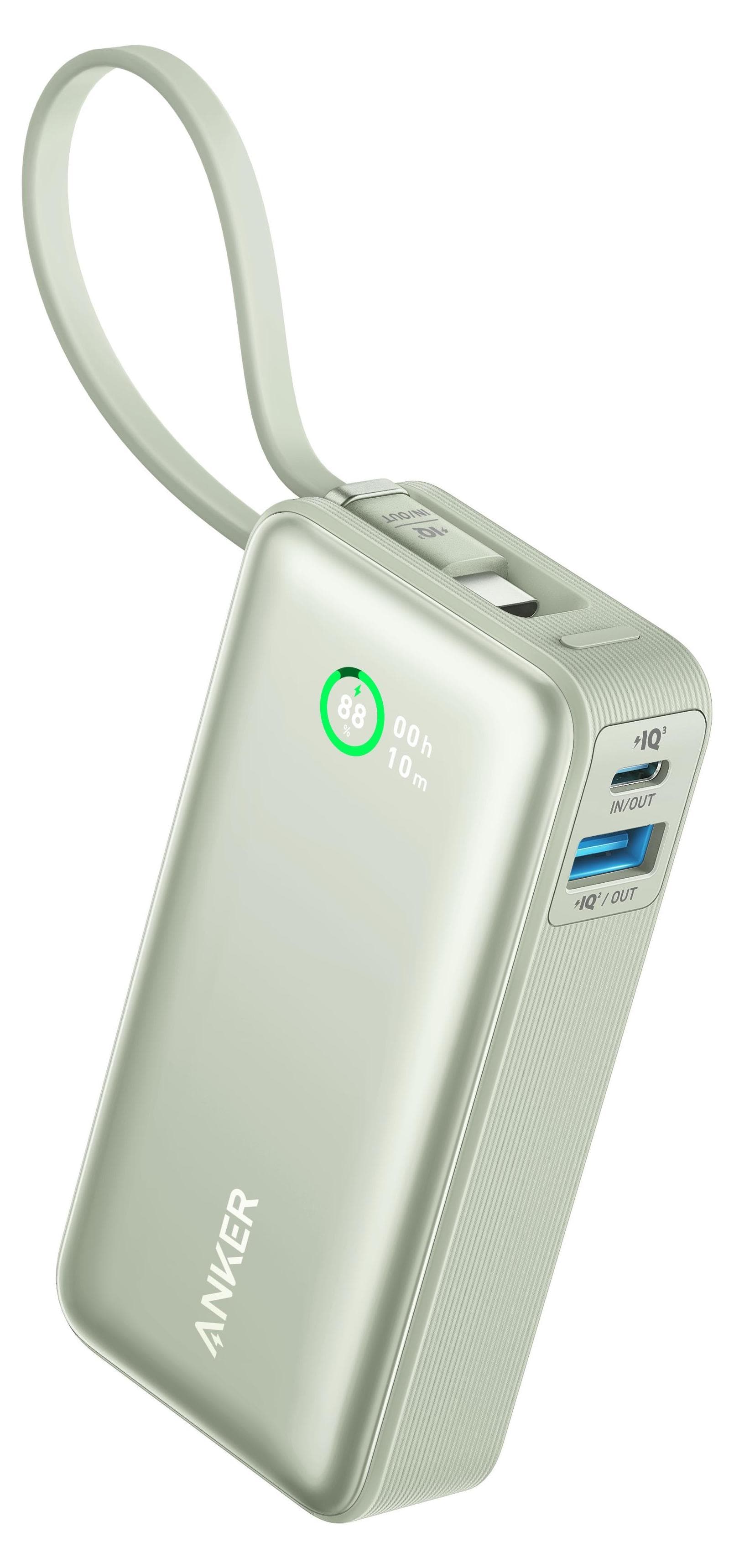 Външна батерия с вграден USB-C кабел и USB-C и USB-A изходи с технология за бързо зареждане - Anker Nano 545 Bank Bank With USB-C Cable 10000 mAh 30W (зелен)