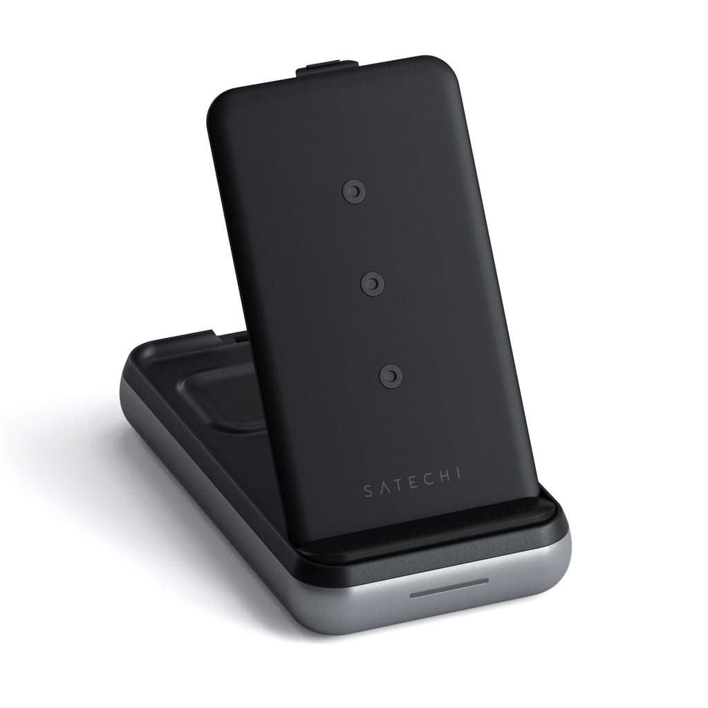 Безжична външна батерия за iPhone с MagSafe и Qi съвместими мобилни устройства - Satechi Duo Wireless Charger Power Stand 10000 mAh (черен)