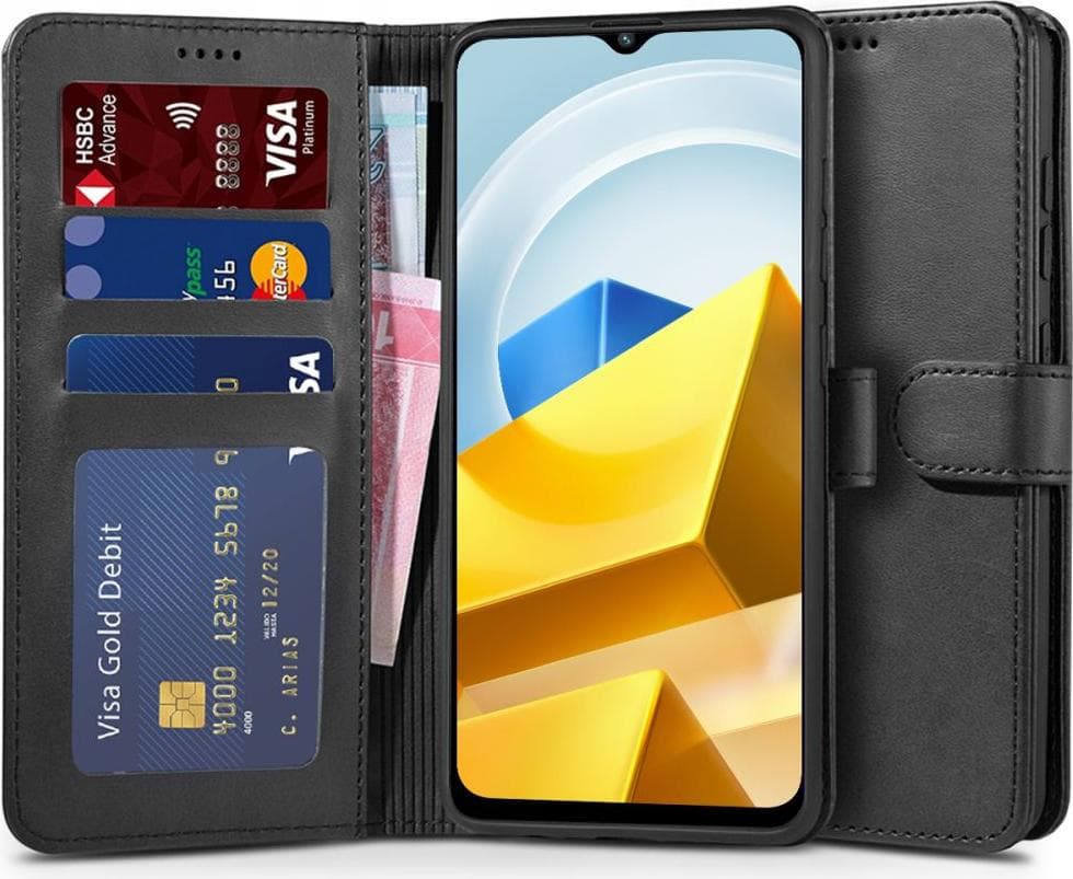 Кожен калъф, тип портфейл за Xiaomi Poco M5 - Tech-Protect Wallet Leather Flip Case (черен)