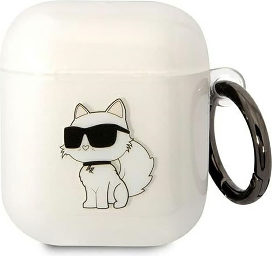 Силиконов калъф с карабинер за Apple AirPods и Apple AirPods 2 - Karl Lagerfeld AirPods 3D Logo NFT Choupette Silicone Case (бял)
