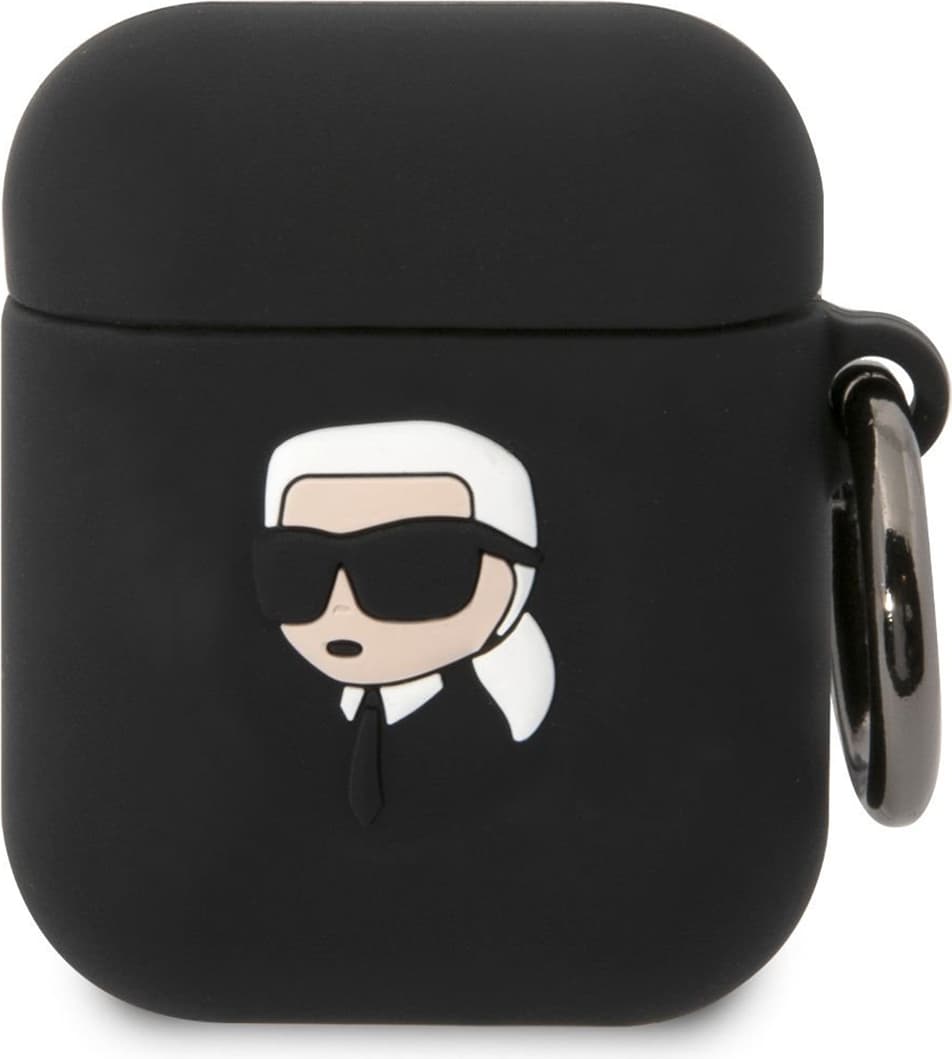 Силиконов калъф с карабинер за Apple AirPods и Apple AirPods 2 - Karl Lagerfeld AirPods 3D Logo NFT Karl Head Silicone Case (черен)