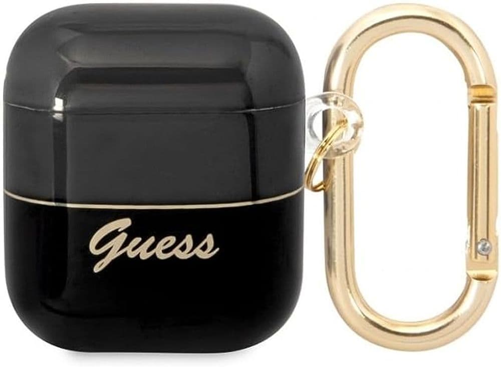Силиконов калъф с карабинер за Apple Airpods и Apple Airpods 2 - Guess AirPods Translucent Case (черен)
