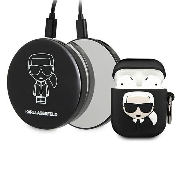 Комплект силиконов калъф за Apple Airpods, Airpods 2 и външна батерия - Karl Lagerfeld Airpods Ikonik Silicone Case and Power Bank (черен)