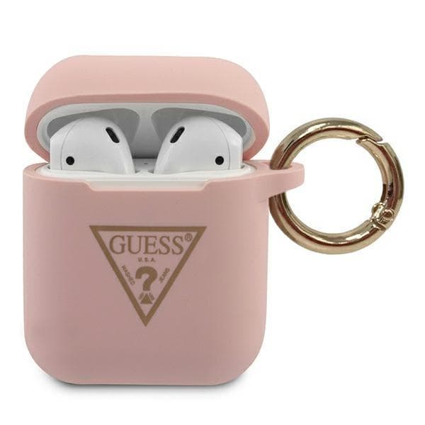 Силиконов калъф с карабинер за Apple AirPods и Apple AirPods 2 - Guess AirPods Triangle Logo Silicone Case (розов)