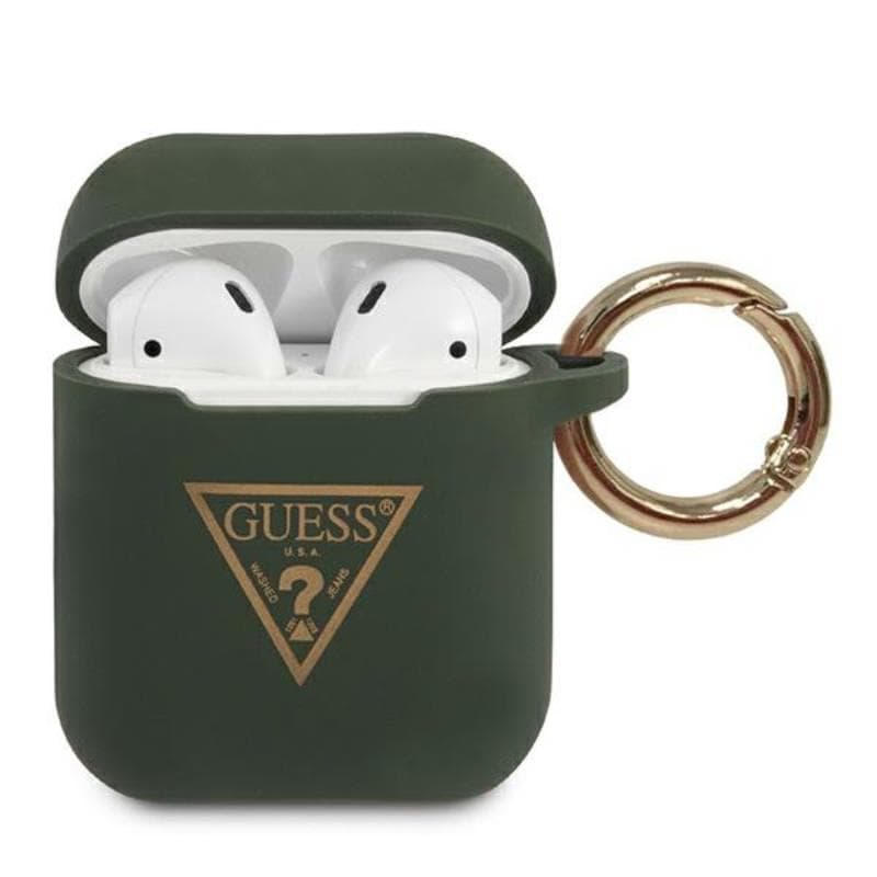 Силиконов калъф с карабинер за Apple Airpods и Apple Airpods 2 - Guess Airpods Triangle Logo Silicone Case (тъмнозелен)