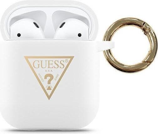 Силиконов калъф с карабинер за Apple Airpods и Apple Airpods 2 - Guess Airpods Triangle Logo Silicone Case (бял)