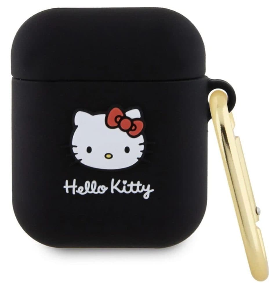 Силиконов калъф с карабинер за Apple AirPods и Apple AirPods 2 - Hello Kitty AirPods Liquid Silicone 3D Kitty Head Logo Case (черен)