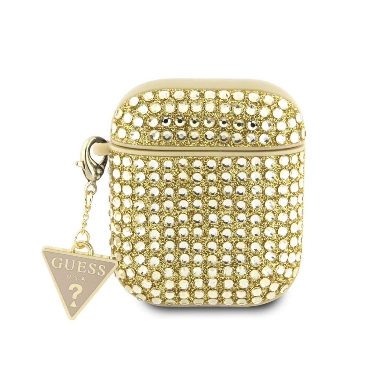 Кожен кейс с висулка за Apple Airpods и Apple Airpods 2 - Guess Rhinestones Triangle Metal Logo Case (златист)