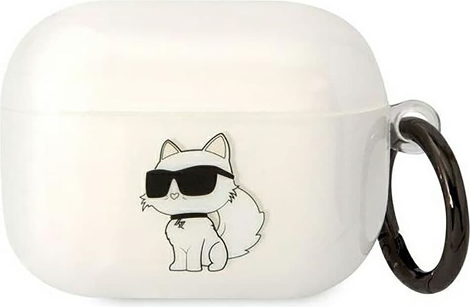 Силиконов калъф с карабинер за Apple AirPods Pro - Karl Lagerfeld AirPods Pro 3D Logo NFT Choupette Silicone Case (бял)