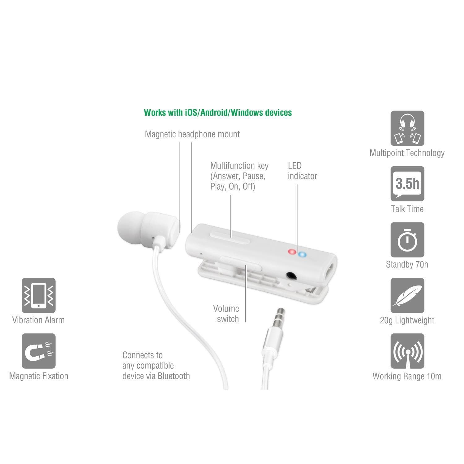 Слушалка 4smarts Mono TalkClip B1, безжична, микрофон, време за разговор до 3,5 часа, бяла
