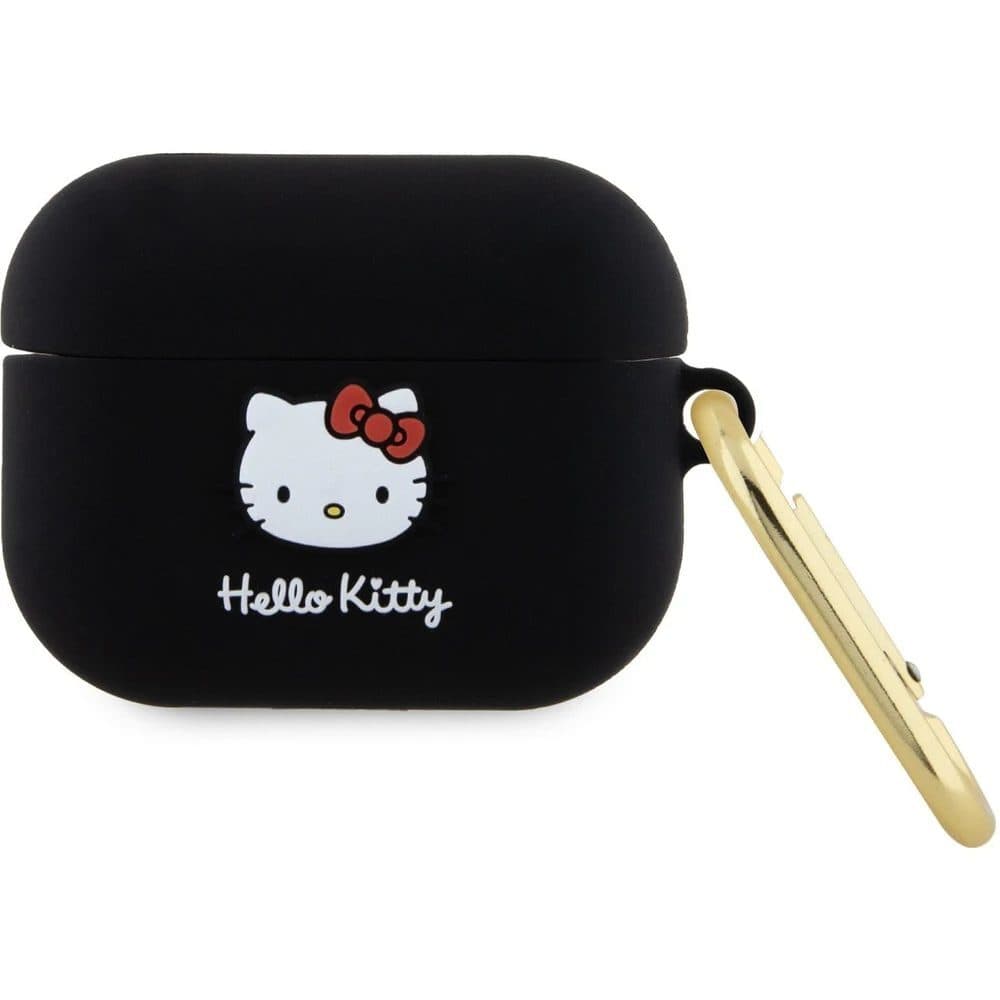 Силиконов калъф с карабинер за Apple AirPods Pro - Hello Kitty AirPods Liquid Silicone 3D Kitty Head Logo Case (черен)