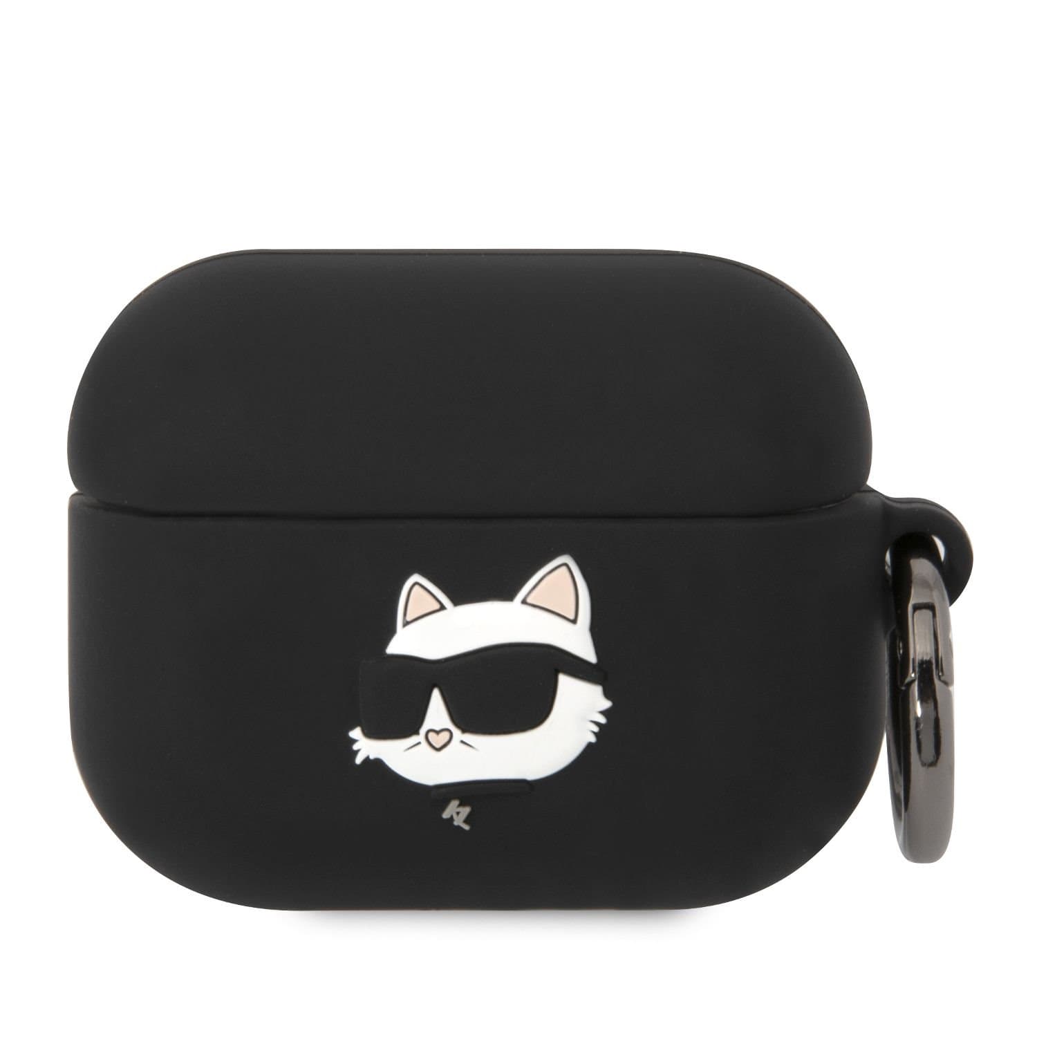 Силиконов калъф с карабинер за Apple AirPods Pro - Karl Lagerfeld AirPods Pro 3D Logo NFT Choupette Head Silicone Case (черен)