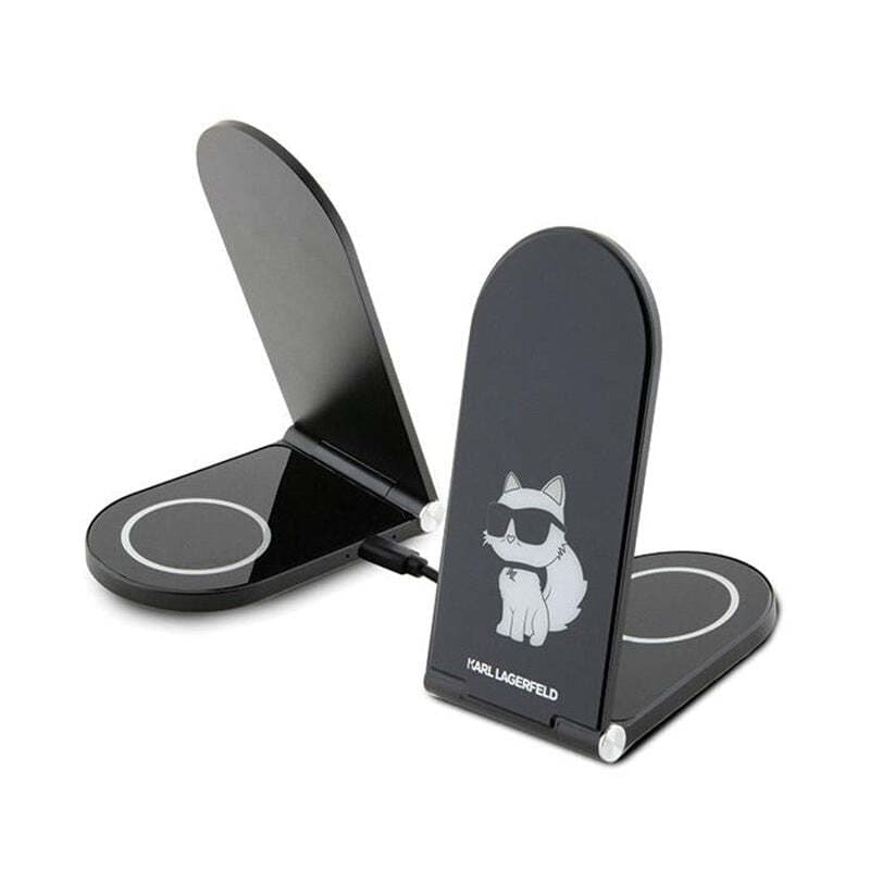 Дизайнерска двойна поставка (пад) за безжично зареждане за iPhone с Magsafe и Qi съвместими мобилни устройства - Karl Lagerfeld Choupette NFT Aluminum Wireless Magsafe Charger 15W (черен)