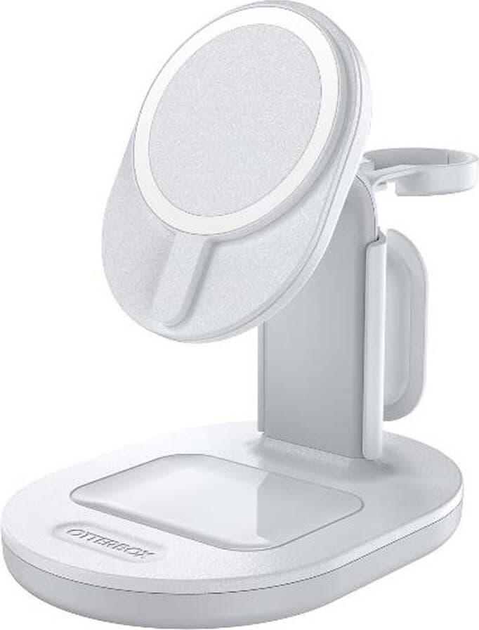 Тройна поставка (пад) за безжично зареждане за iPhone с Magsafe, Apple Watch, AirPods и Qi съвместими устройства - Otterbox 3-in-1 Magnetic MagSafe Wireless Charging Station (бял)