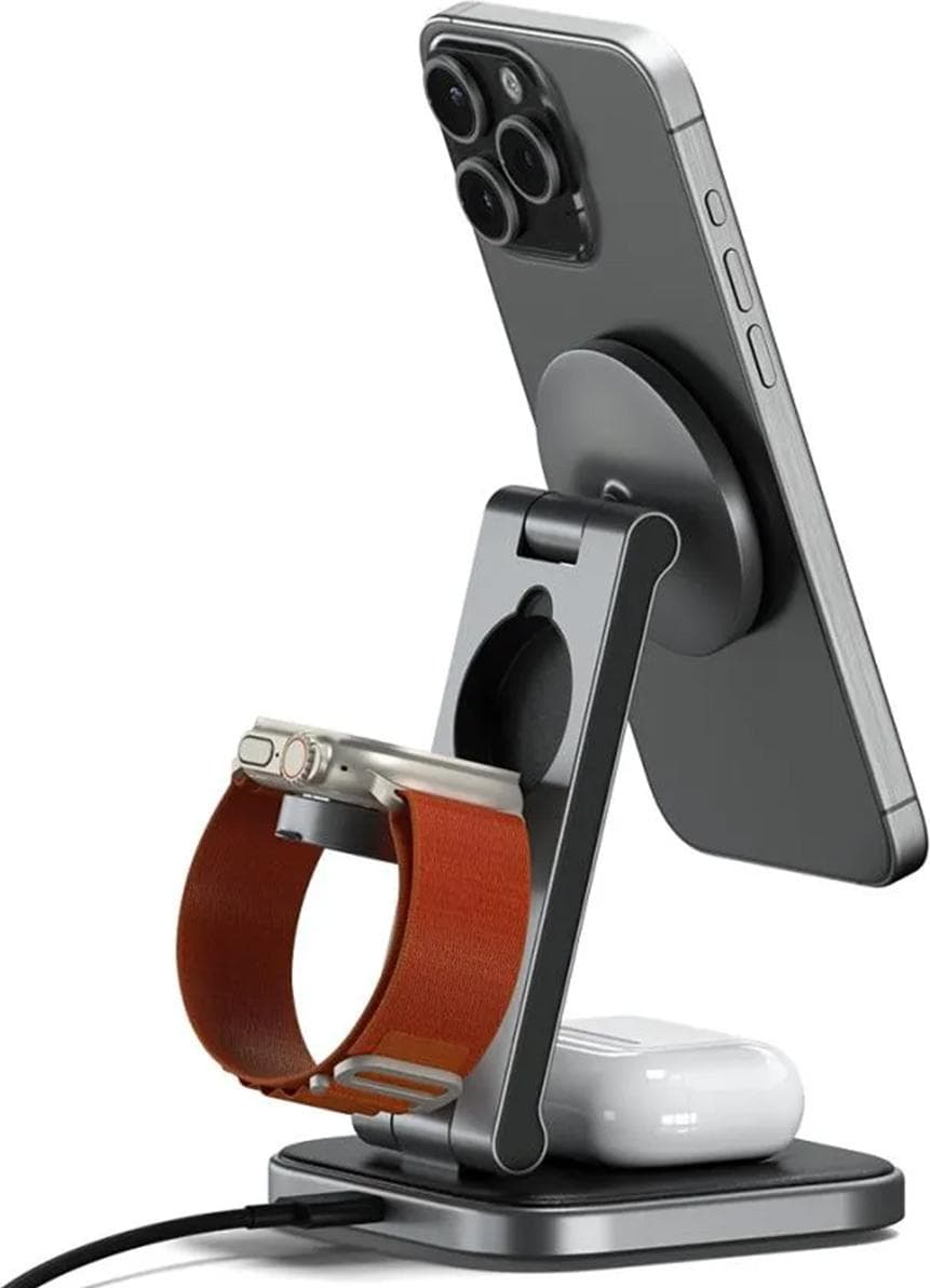 Двойна поставка (пад) за безжично зареждане за iPhone с Magsafe и AirPods (тъмносив) - Satechi 3-in-1 Foldable Qi2 Magnetic Wireless Charging Stand