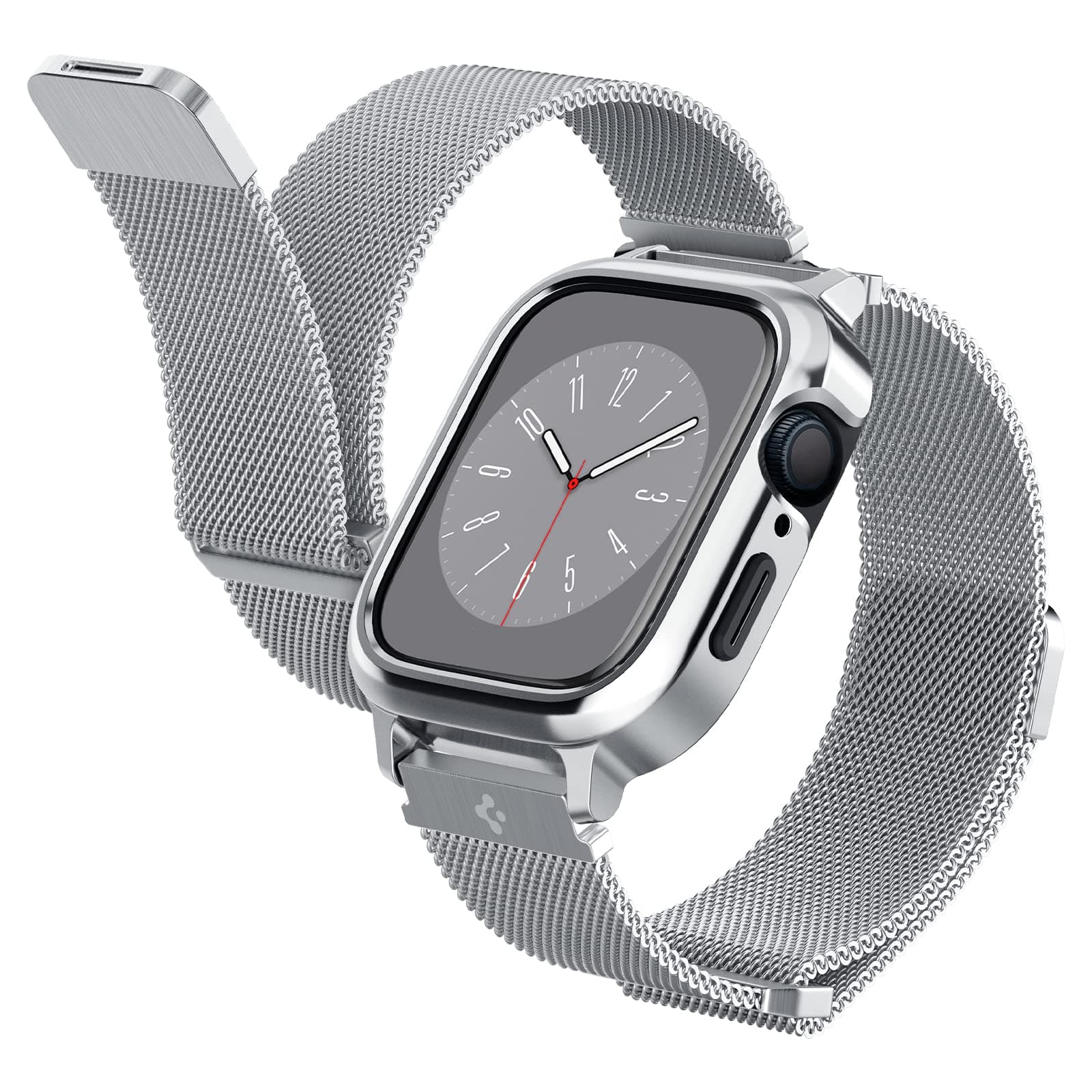 Удароустойчив хибриден кейс със стоманена каишка за Apple Watch 8 45мм, Apple Watch 7 45мм - Spigen Metal Fit Pro (сребрист)