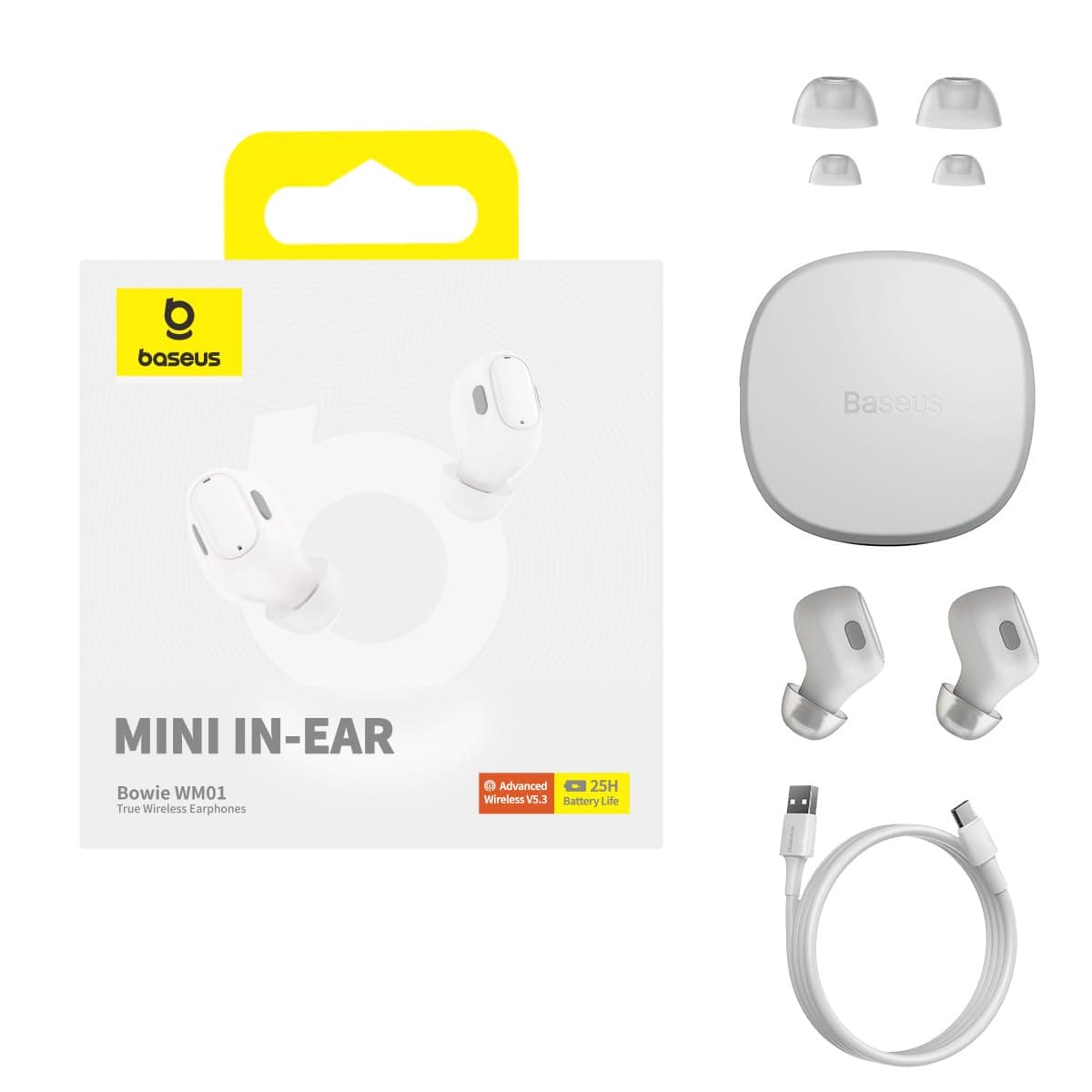Слушалки Baseus Bowie WM01 (NGTW370002), безжични, Bluetooth, микрофон, до 5 часа време на работа, автоматично превключване между двете слушалки, бели