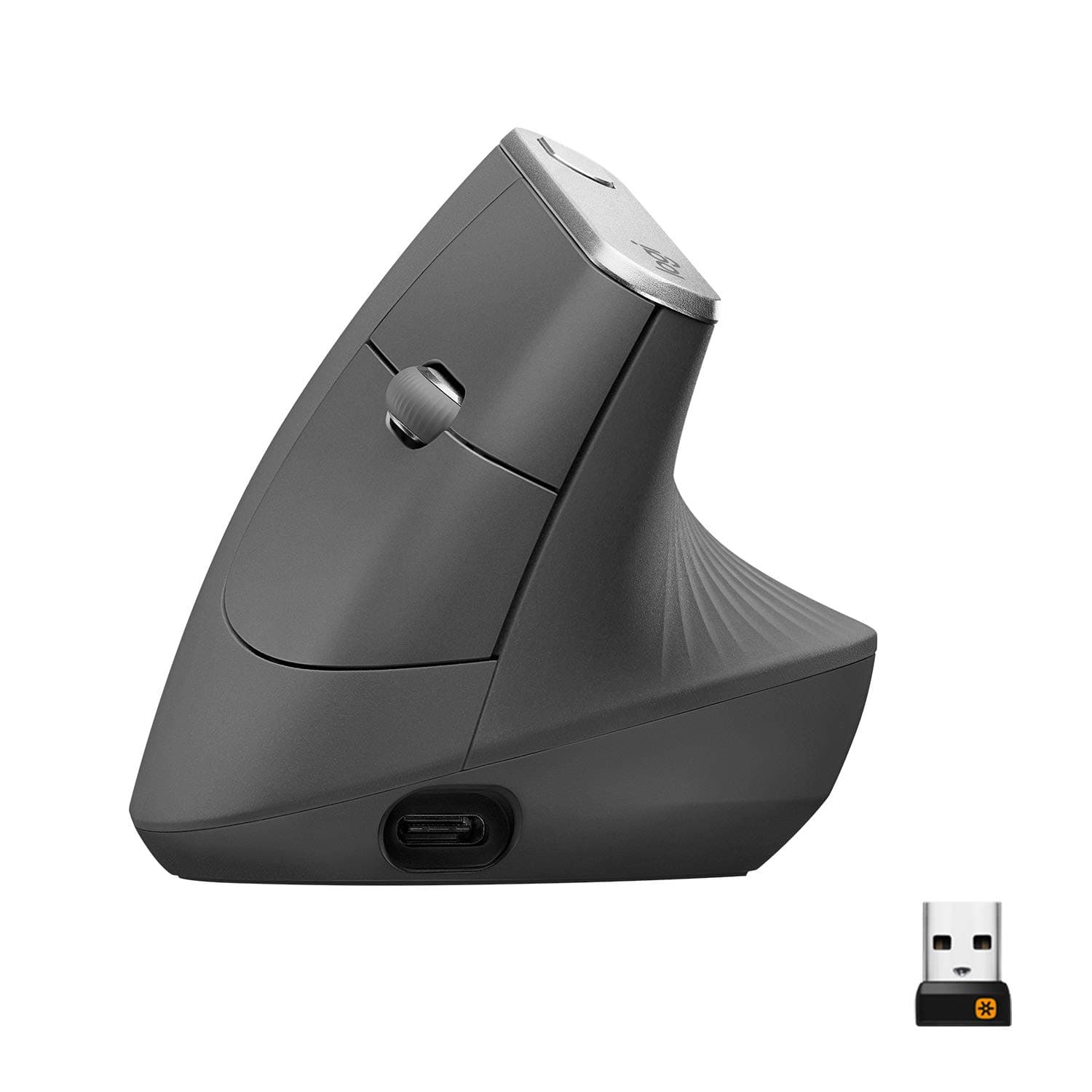 Мишка Logitech MX Vertical, оптична (4000 dpi), безжична/жична, USB Type C, графит, вертикална