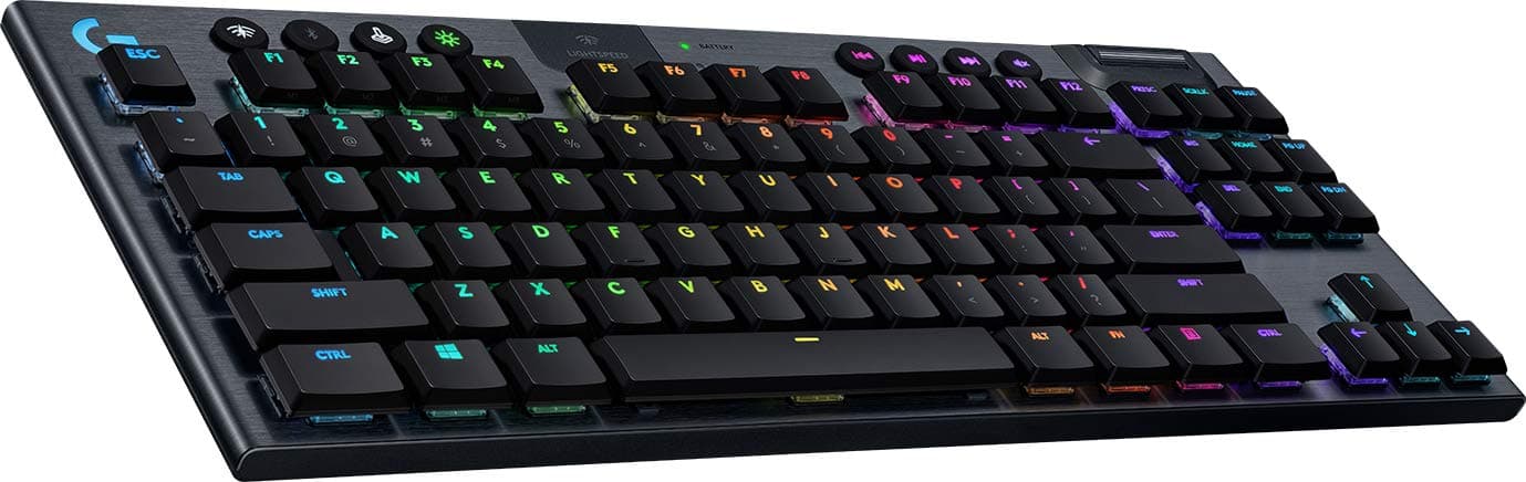 Клавиатура Logitech G915 TKL (920-009503), безжична, механична, Tactile суичове, RGB подсветка, нископрофилни клавиши, US layout, черна, USB, Wireless, Bluetooth