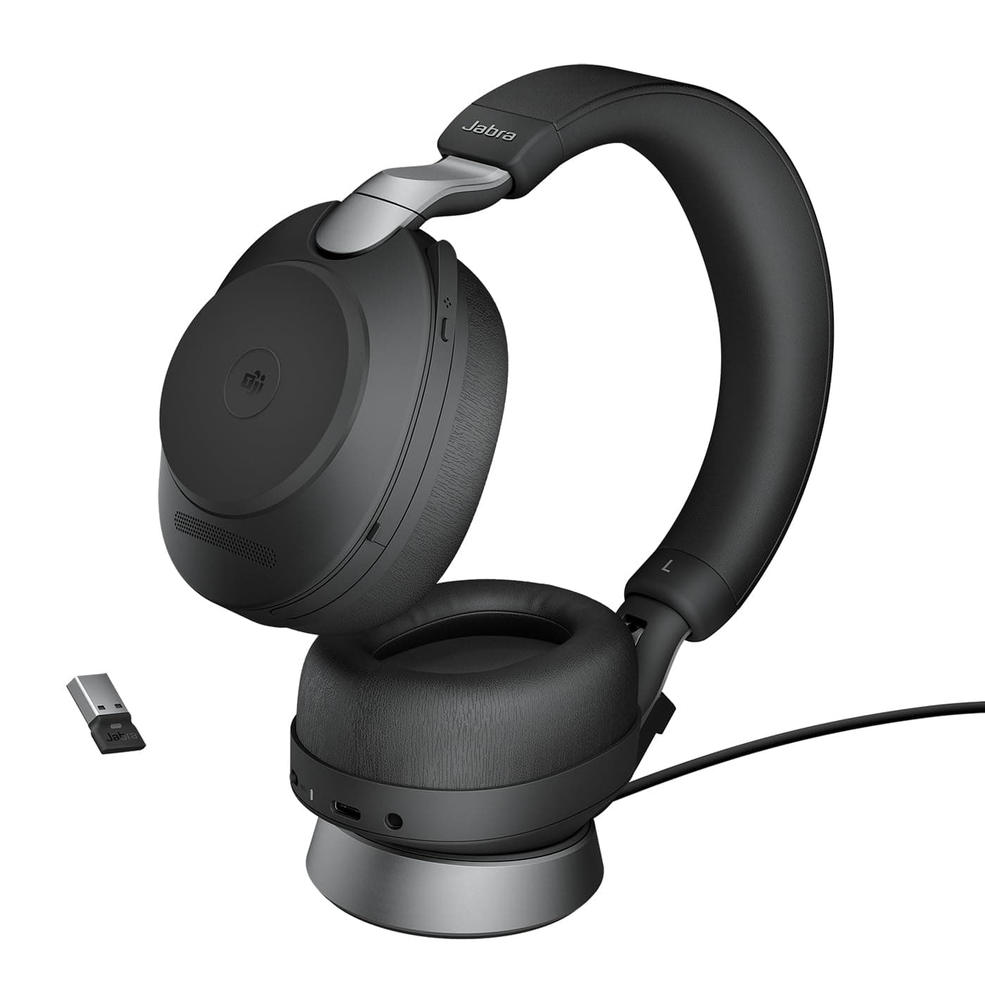 Слушалки Jabra Evolve2 85 (28599-999-989), безжични/жични, Bluetooth, Jack 3.5mm, Link380a USB, 6 цифрови MEMS микрофона, 40mm драйвери, ANC, до 37 часа време на работа, сертифицирани за Microsoft Teams, зарядна стойка, черни