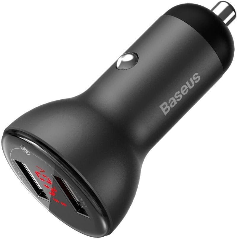Зарядно за кола с 2xUSB-A изхода, технология за бързо зареждане и дисплей за зареждане на мобилни устройства - Baseus Digital Display 45W Dual USB Quick Car Charger (CCBX-B0G) (сив)