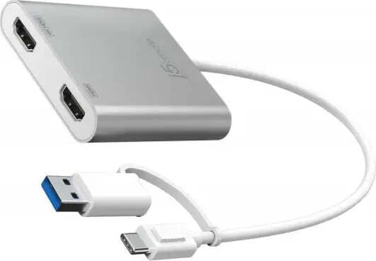 Адаптер j5create JCA365, от USB-A(м)/USB-C(м) към 2x HDMI(ж), сив, 4K@30Hz