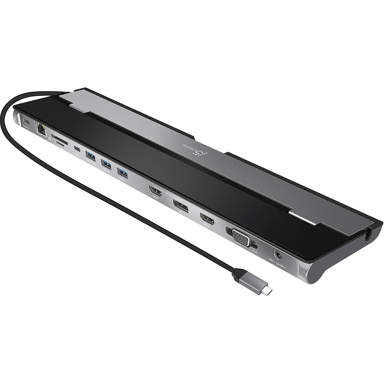 Докинг станция j5create JCD543, от USB-C към 1x USB-C, 3x USB-A, 1x DisplayPort, 2x HDMI, 1x VGA, 1x AUX, 1x RJ45, 1x SD/MicroSD четец, сребриста