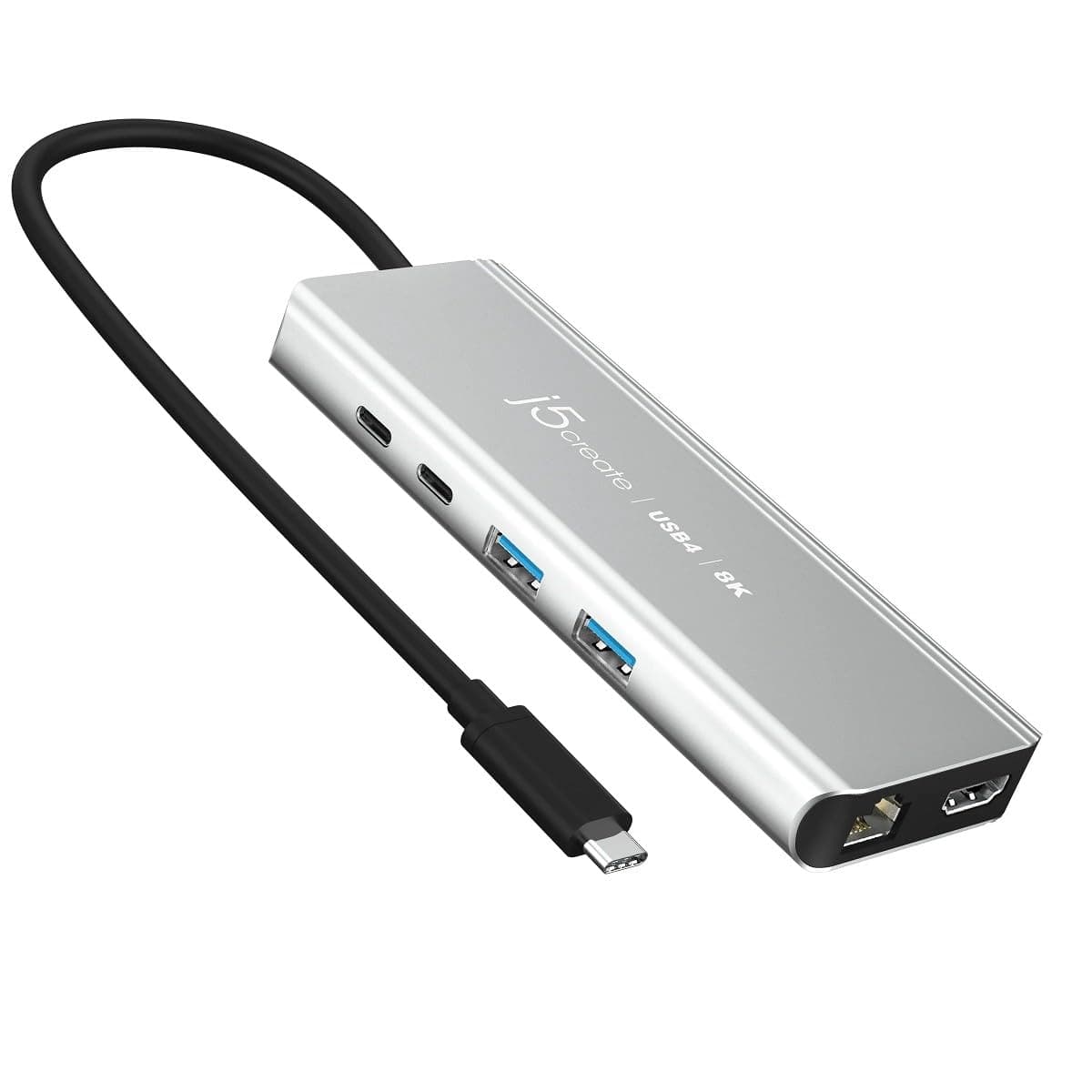 Докинг станция j5create JCD403, от USB-C към 1x USB-C (PD), 1x USB-C, 2x USB-A, 1x HDMI (8K@60Hz), 1x RJ45, сребриста