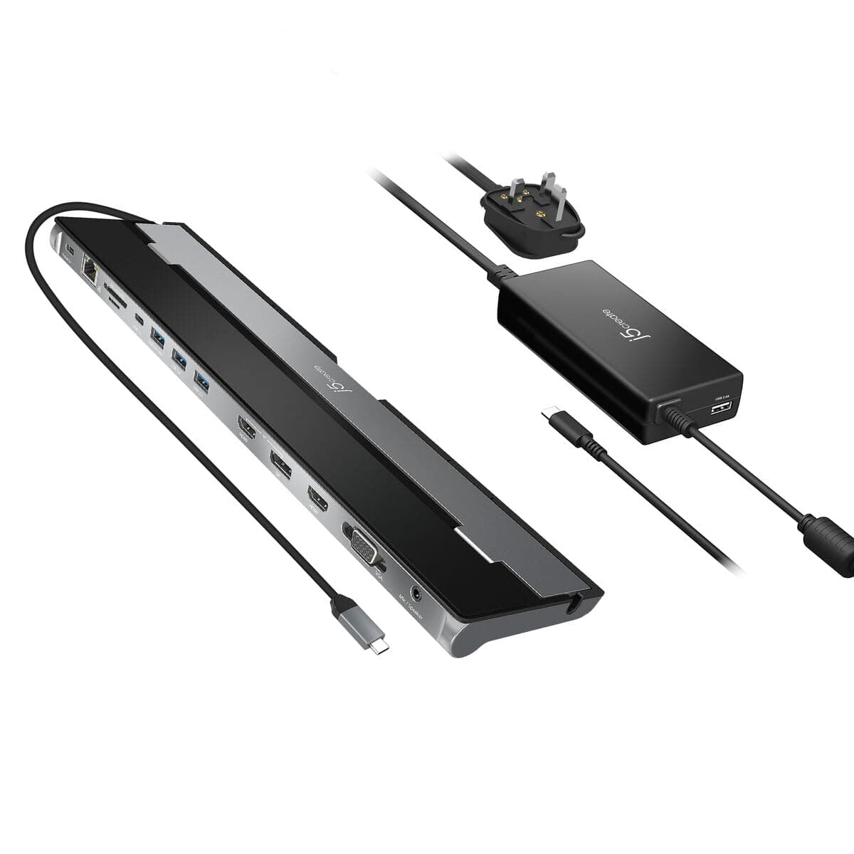 Докинг станция j5create JCD543P, от USB-C към 1x USB-C, 3x USB-A, 1x DisplayPort, 2x HDMI, 1x VGA, 1x AUX, 1x RJ45, 1x SD/MicroSD четец, сребриста