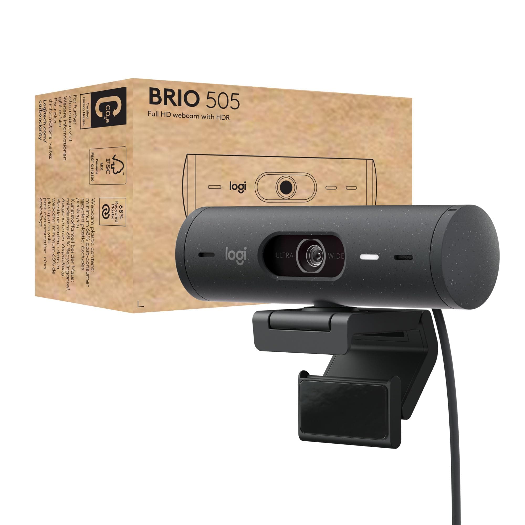 Уеб камера Logitech Brio 505 Graphite (960-001459), микрофон, Full HD (1920x1080@30fps), HDR, noise reduction, Auto Focus, USB-C, черна