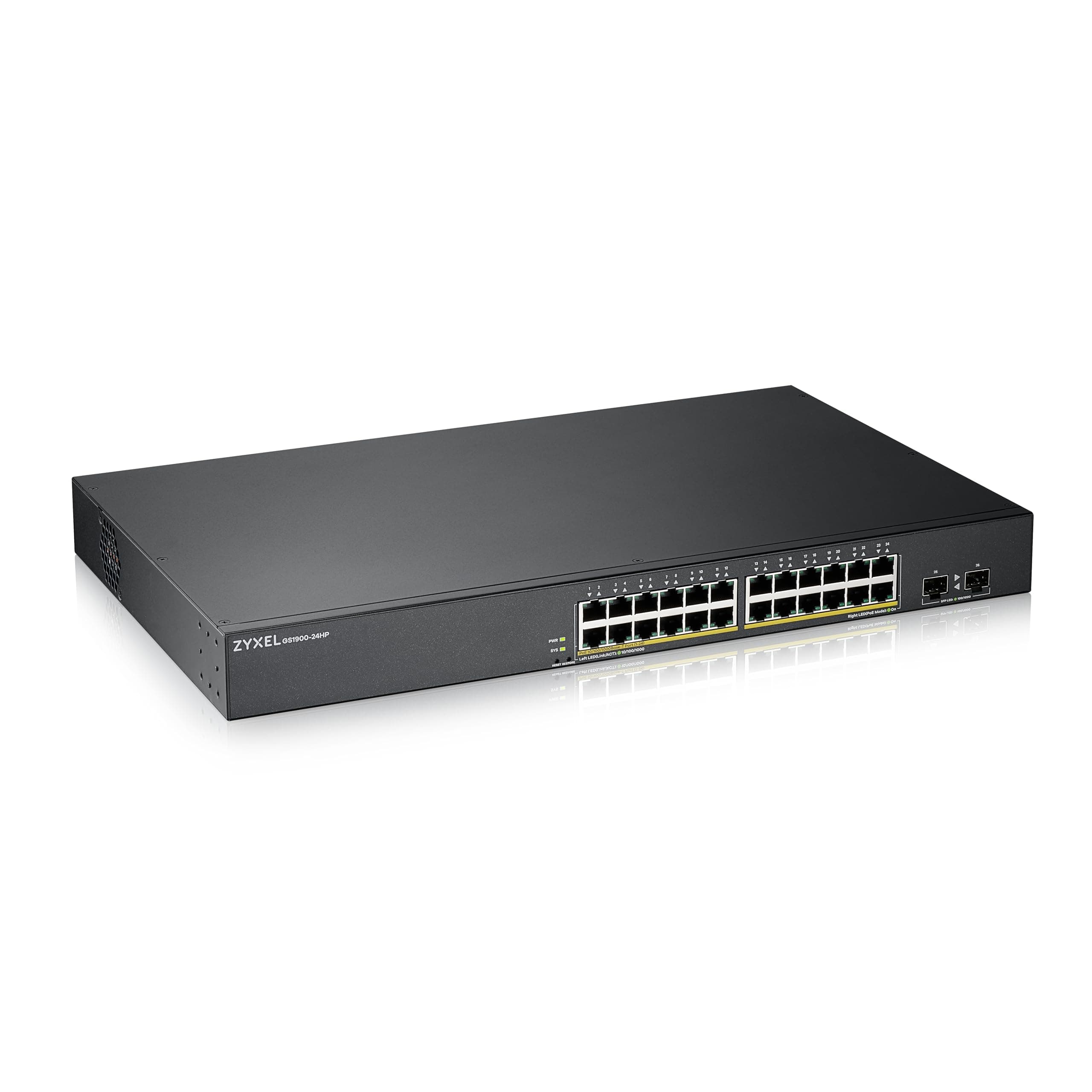 ZyXEL GS1900-24HP v2, 24-port GbE L2 PoE + 2 x GbE SFP slots, Smart Switch, rackmount, 170 Watt