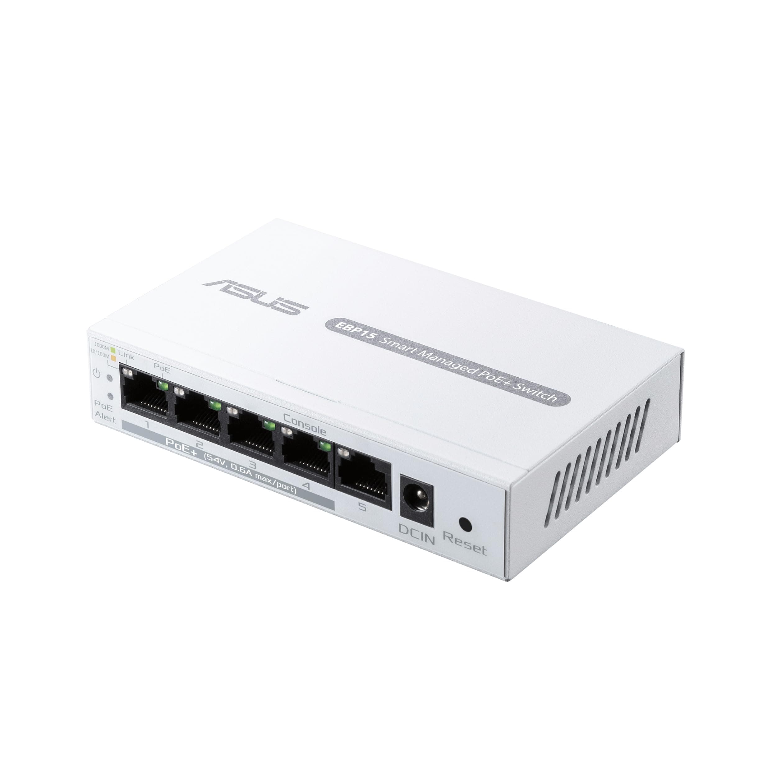 Asus Business 5Port Smart Managed Switch PoE+, ExpertWiFi EBP15, 4 порта PoE+, 60W, VLAN, QoS, Port Mirroring, стенен монтаж, Бял