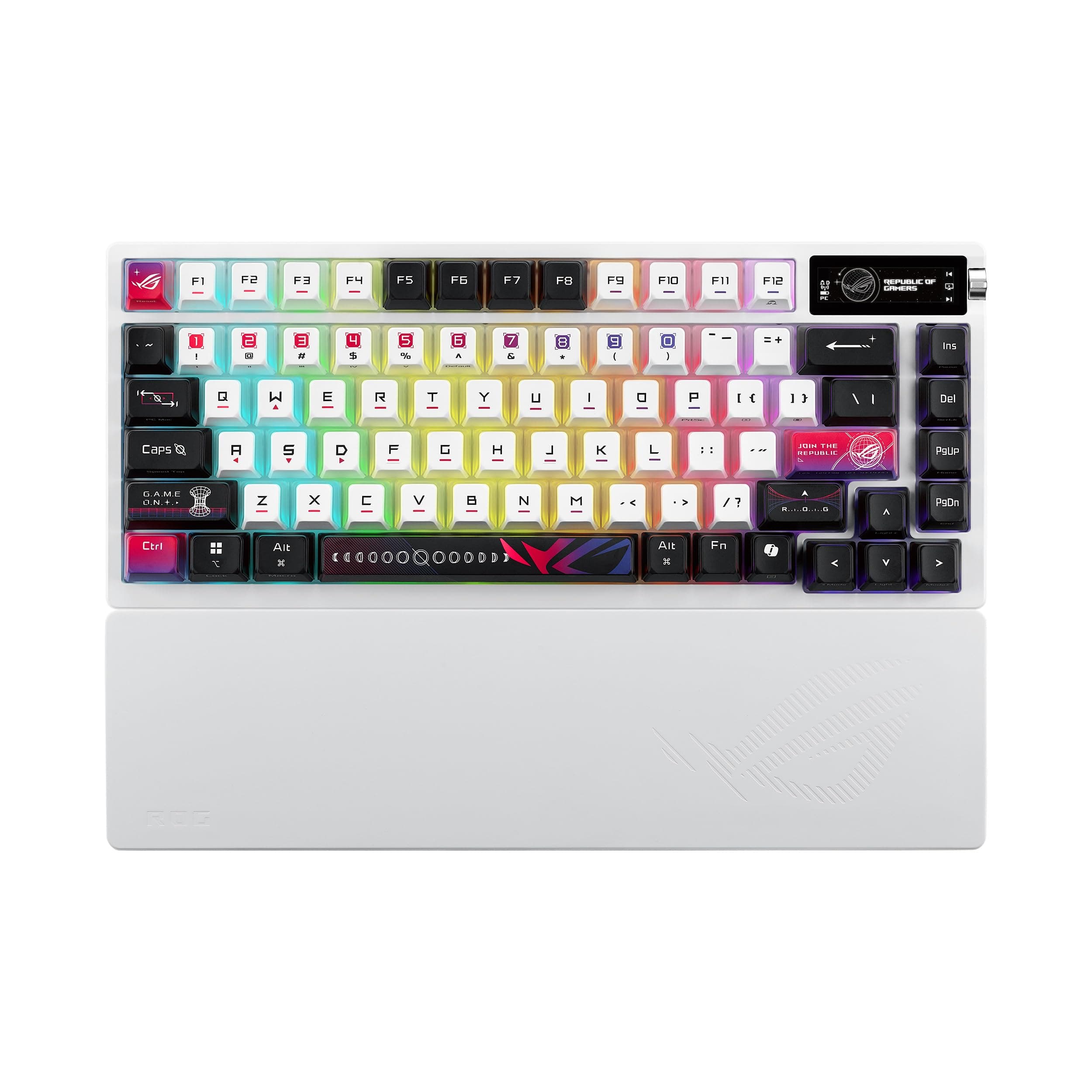 Asus ROG Azoth X 75% персонализирана клавиатура за игри, ROG NX Snow V2, dye-sub и полупрозрачни клавишни капачки, монтаж на уплътнение, петслойно овлажняване, FR4 плоча, PCB с южно изложение, OLED дисплей и копче, RGB-бяло