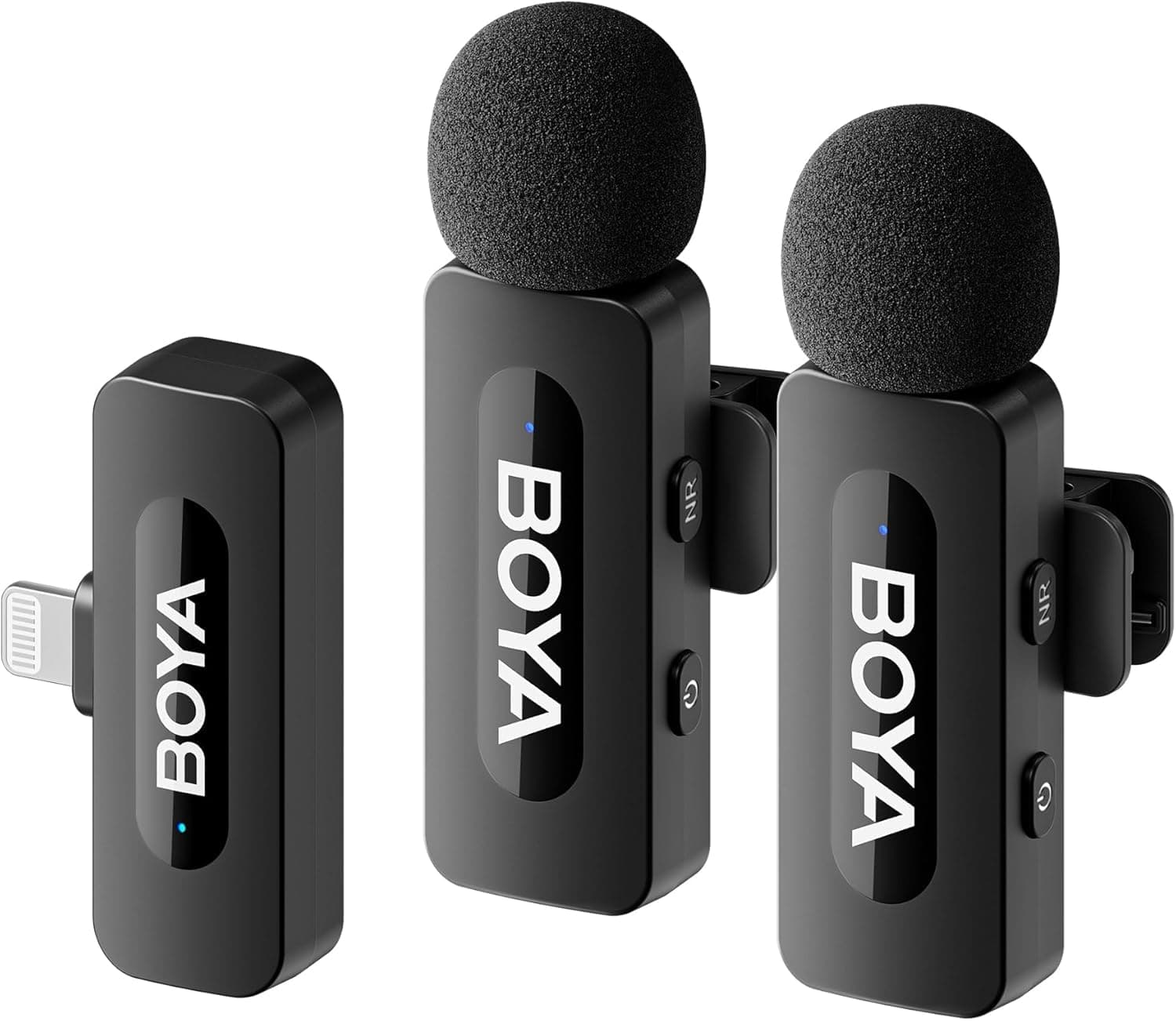 Безжична микрофонна система BOYA BY-V2, 1x микрофон, 2x предавателя и 1x приемник, обхват до 50m, до 9 часа време на работа, с ревер, Lightning, черни