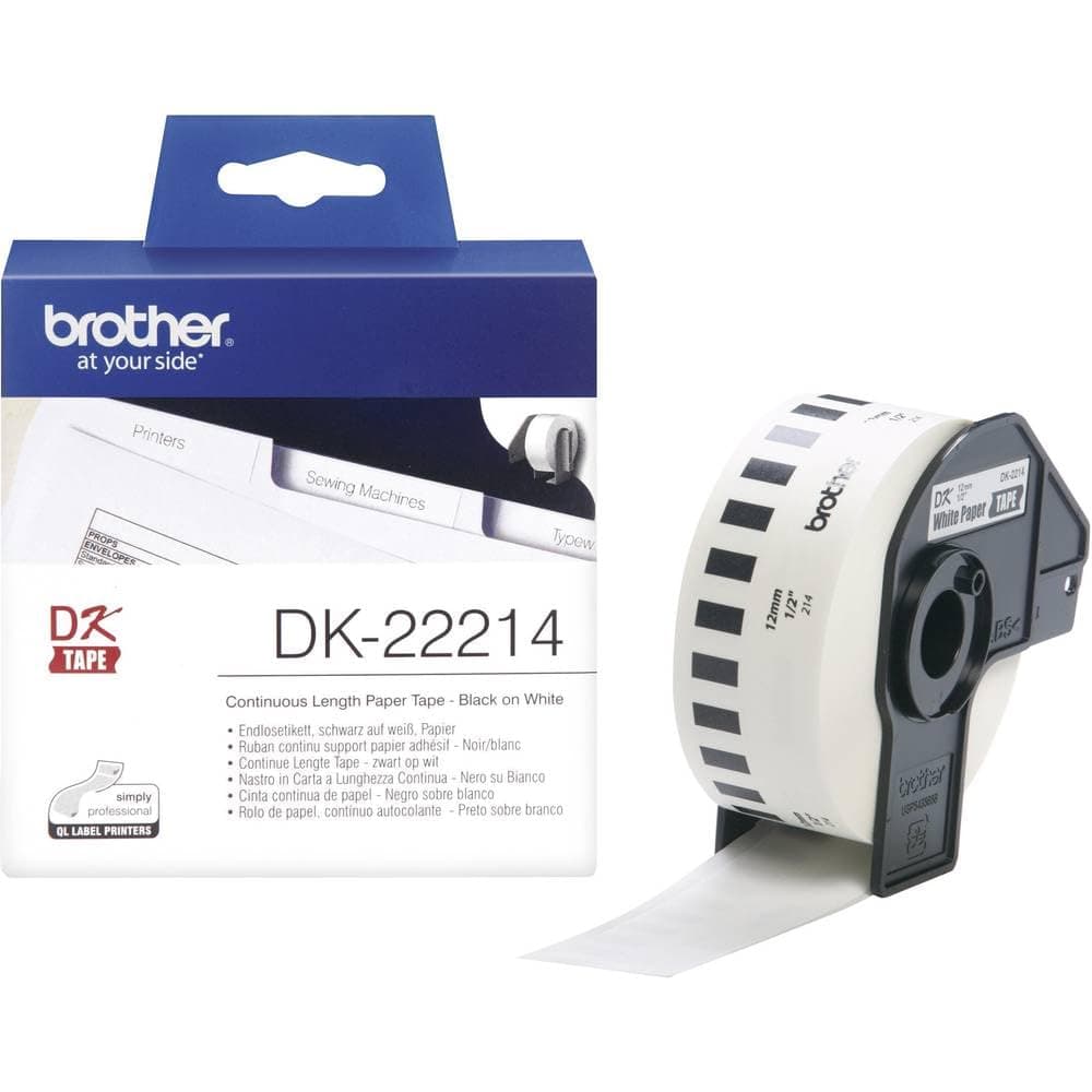 Brother DK-22214 Бяла непрекъсната хартиена лента 12 мм x 30,48 м, черно върху бяло