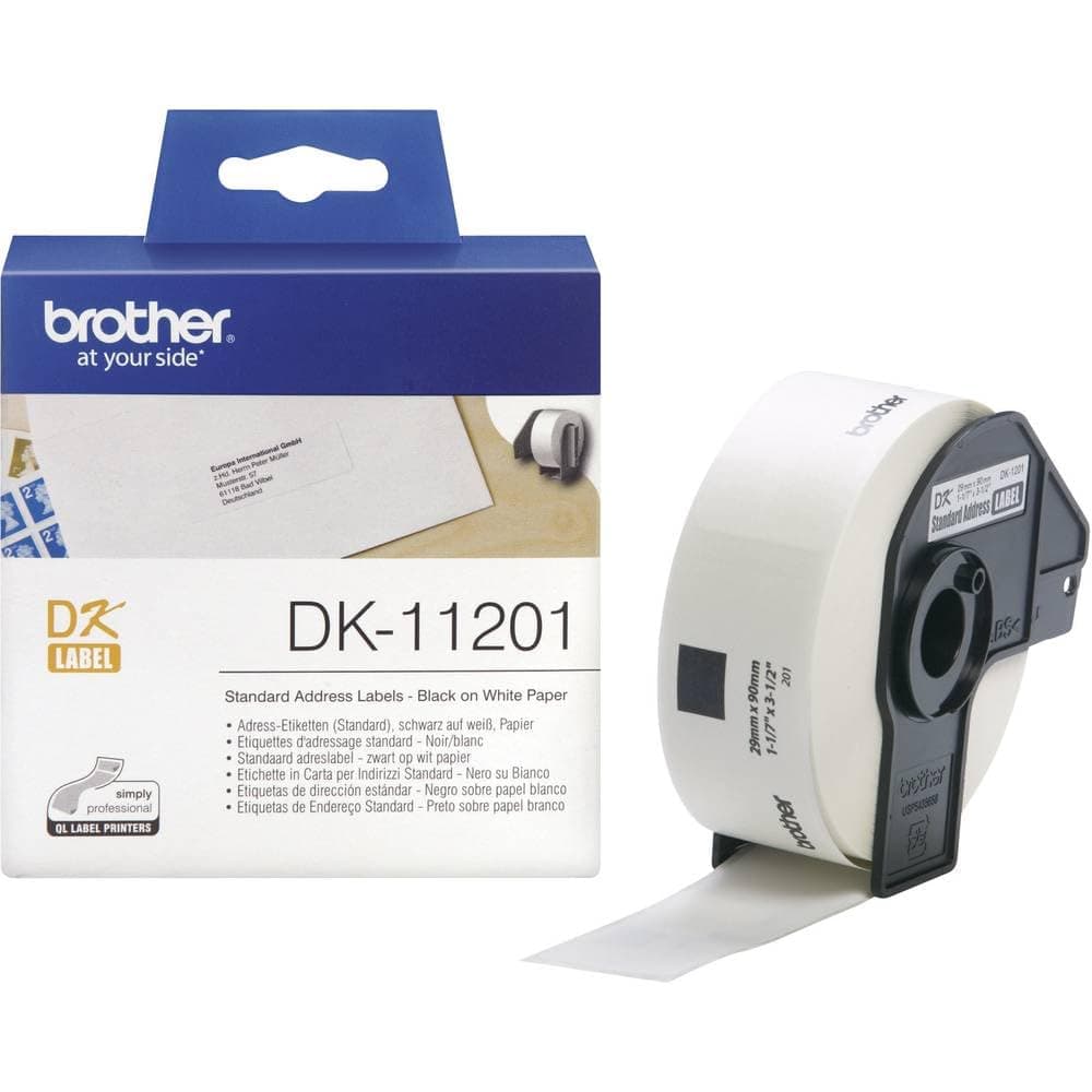 Brother DK-11201 стандартни адресни етикети на ролка, 29 мм x 90 мм, 400 етикета на ролка, черно върху бяло