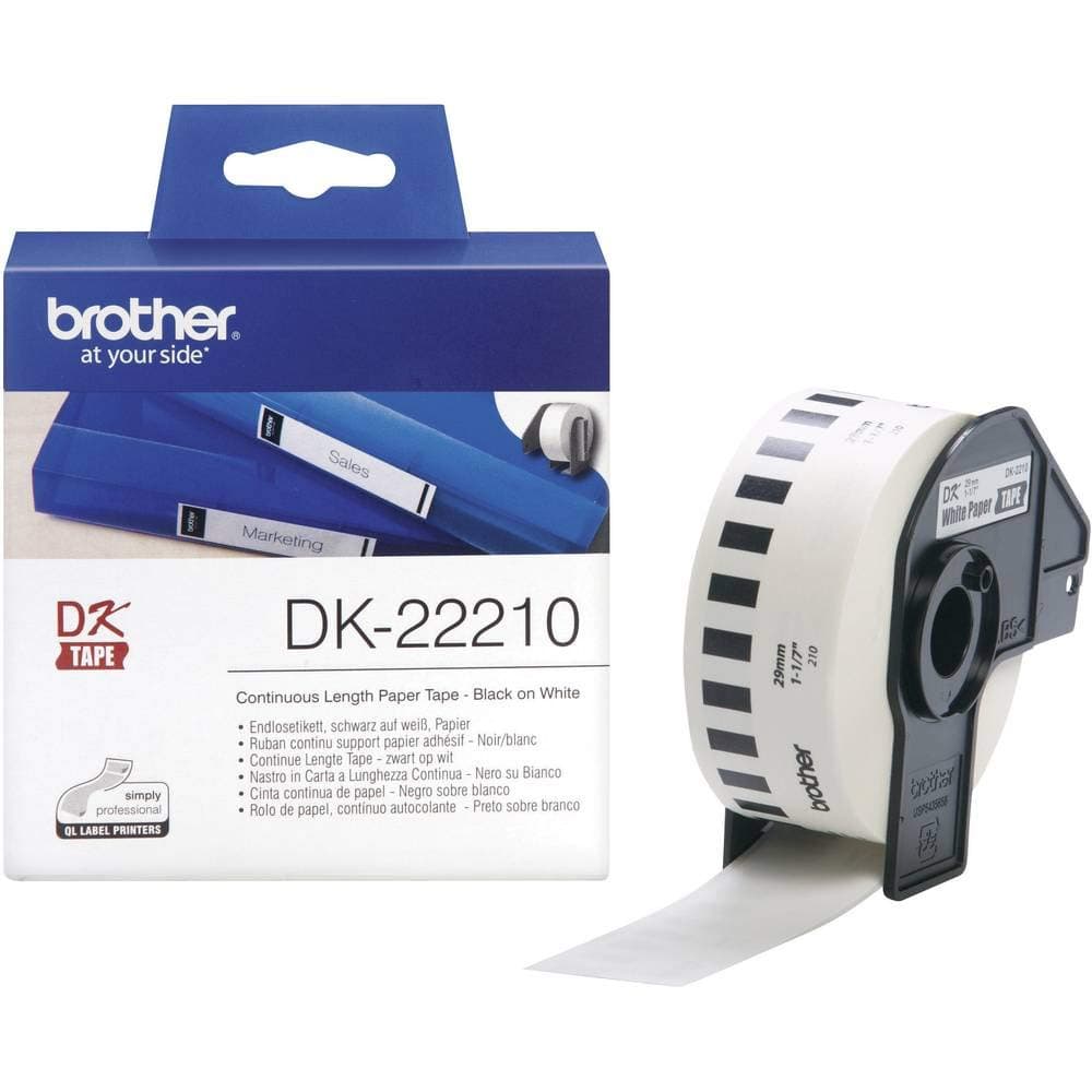 Brother DK-22210 Ролна бяла хартиена лента с непрекъсната дължина 29 mm x 30,48 M (черно върху бяло)