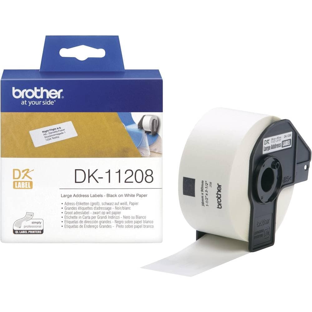 Brother DK-11208 Хартиени етикети с големи адреси, 38mmx90mm, 400 етикета на ролка, (черно върху бяло)