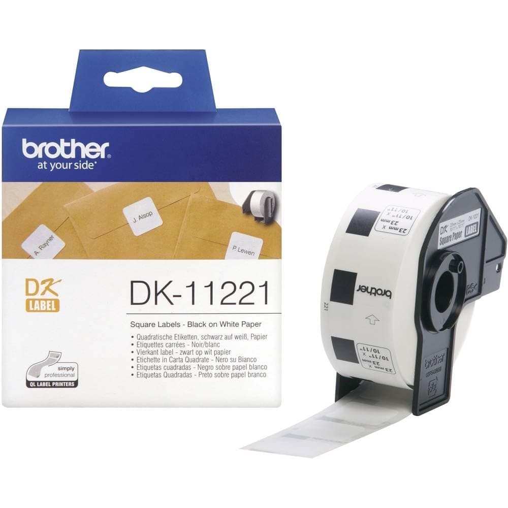 Квадратни хартиени етикети Brother DK-11221, 23mmx23mm, 1000 етикета на ролка (черно върху бяло)
