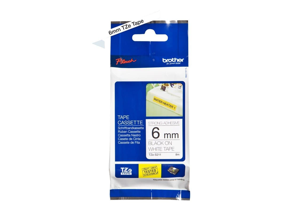 Brother TZe-S211 Tape Black on White, Strong Adhesive, 6mm, 8m Eco