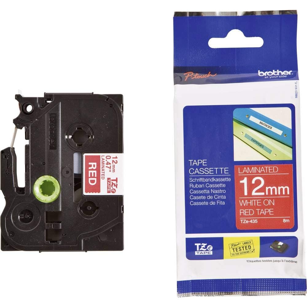 Brother TZe-435 Tape White on Red, Laminated, 12mm, 8m