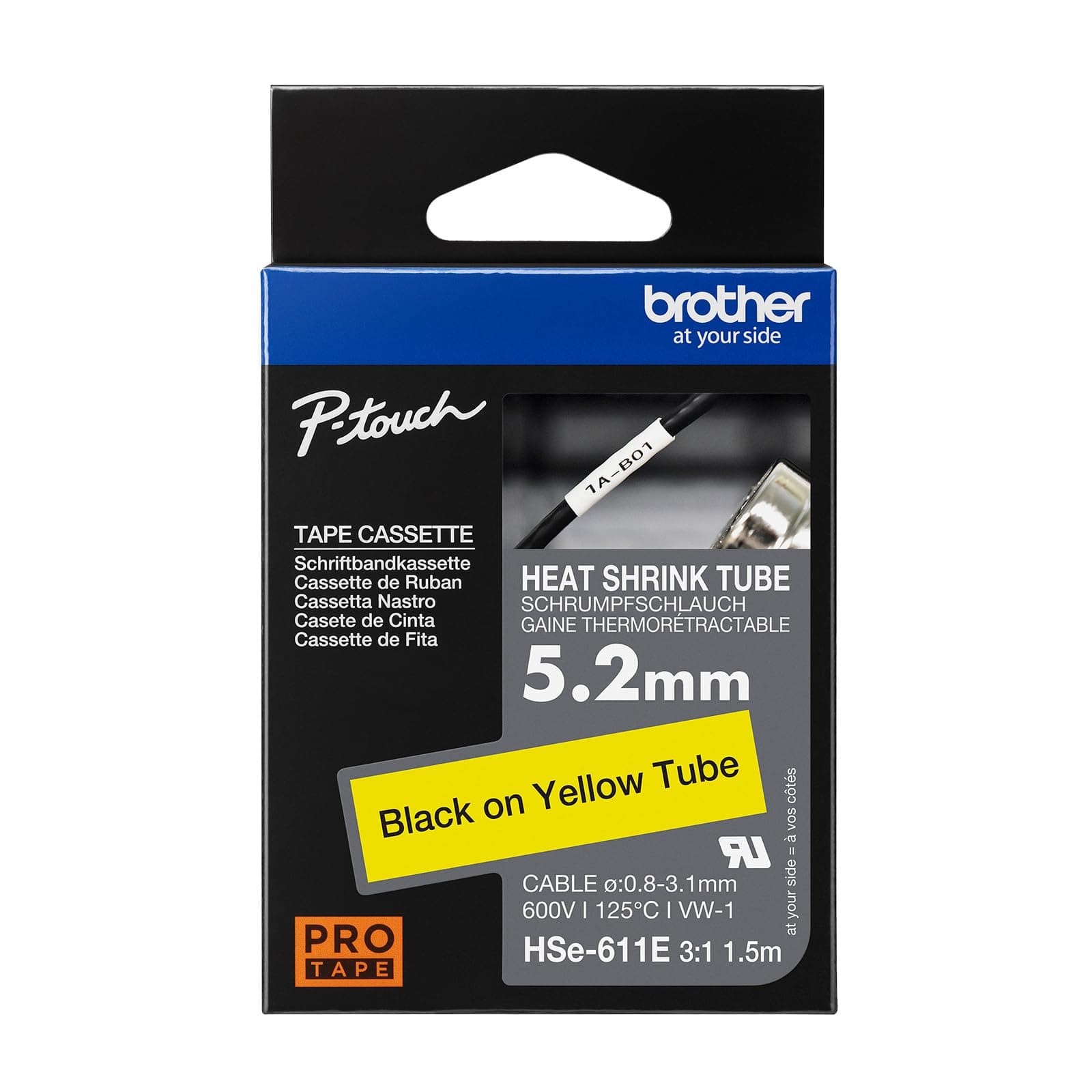 Brother HSe-611E 5.2mm Black on Yellow Heat Shrink Tape