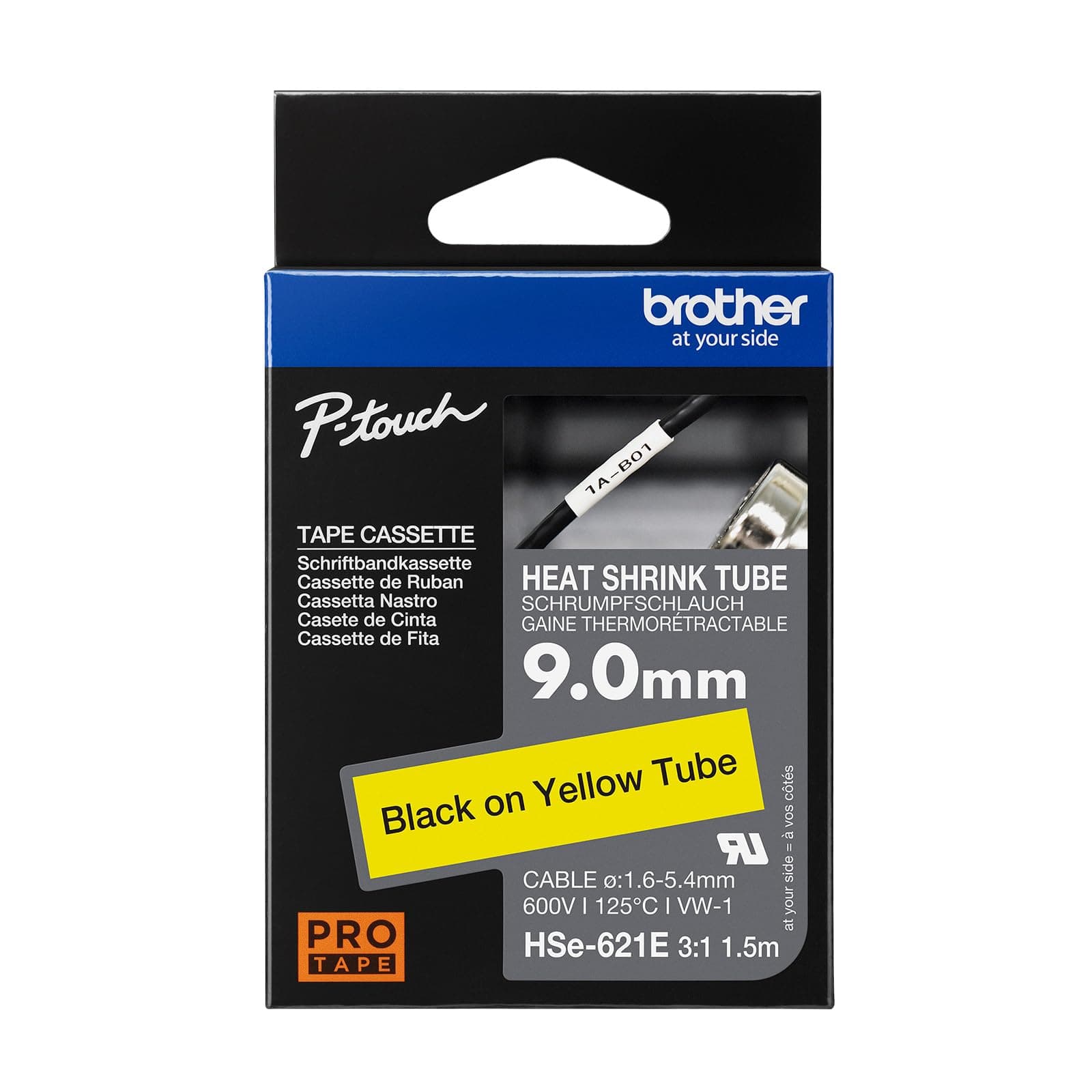 Brother HSe-621E 9mm Black on Yellow Heat Shrink Tape