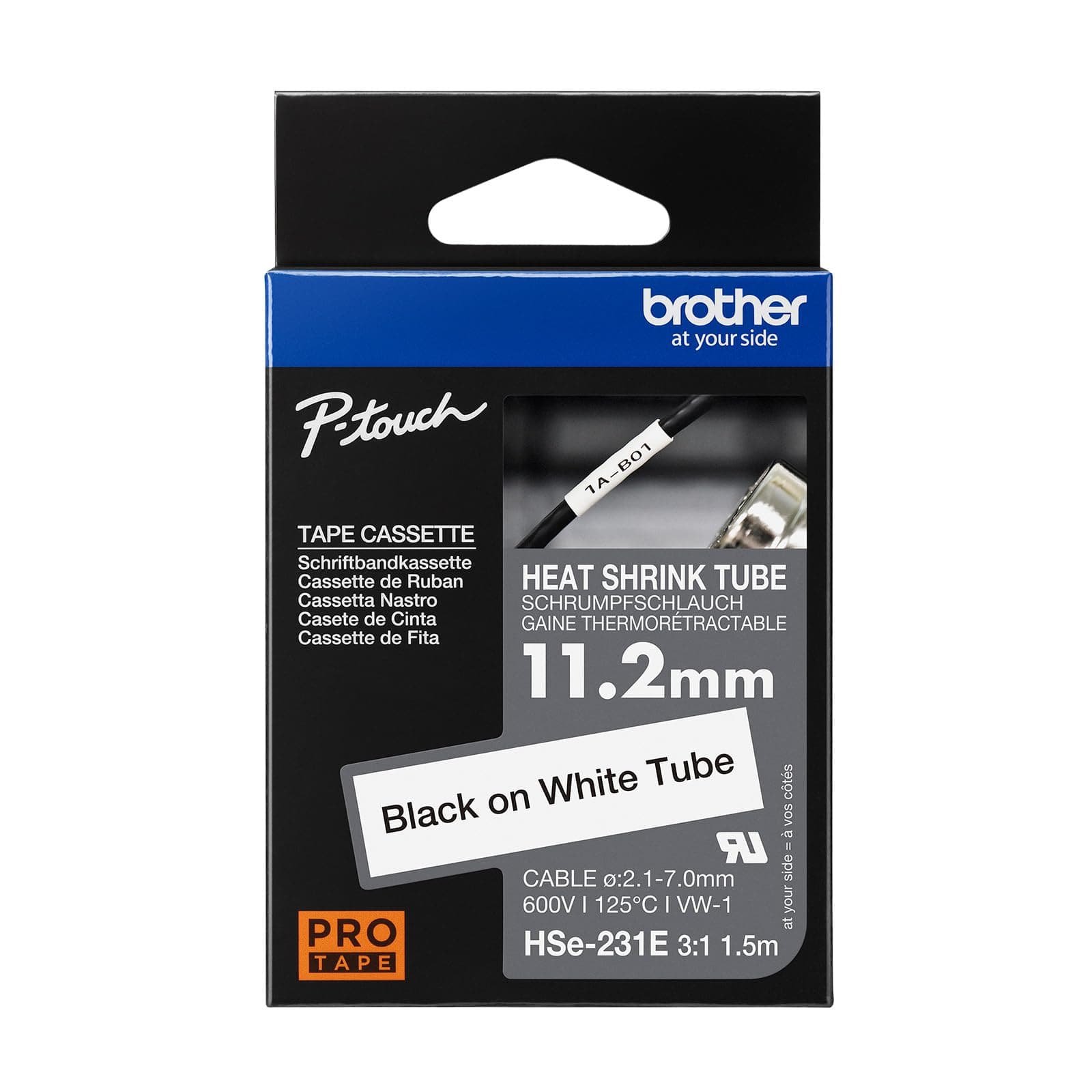 Brother HSe-231E 11.2mm Black on White Heat Shrink Tape