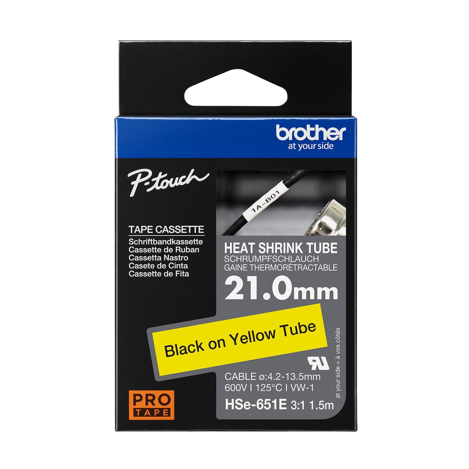 Brother HSe-651E 21mm Black on Yellow Heat Shrink Tape