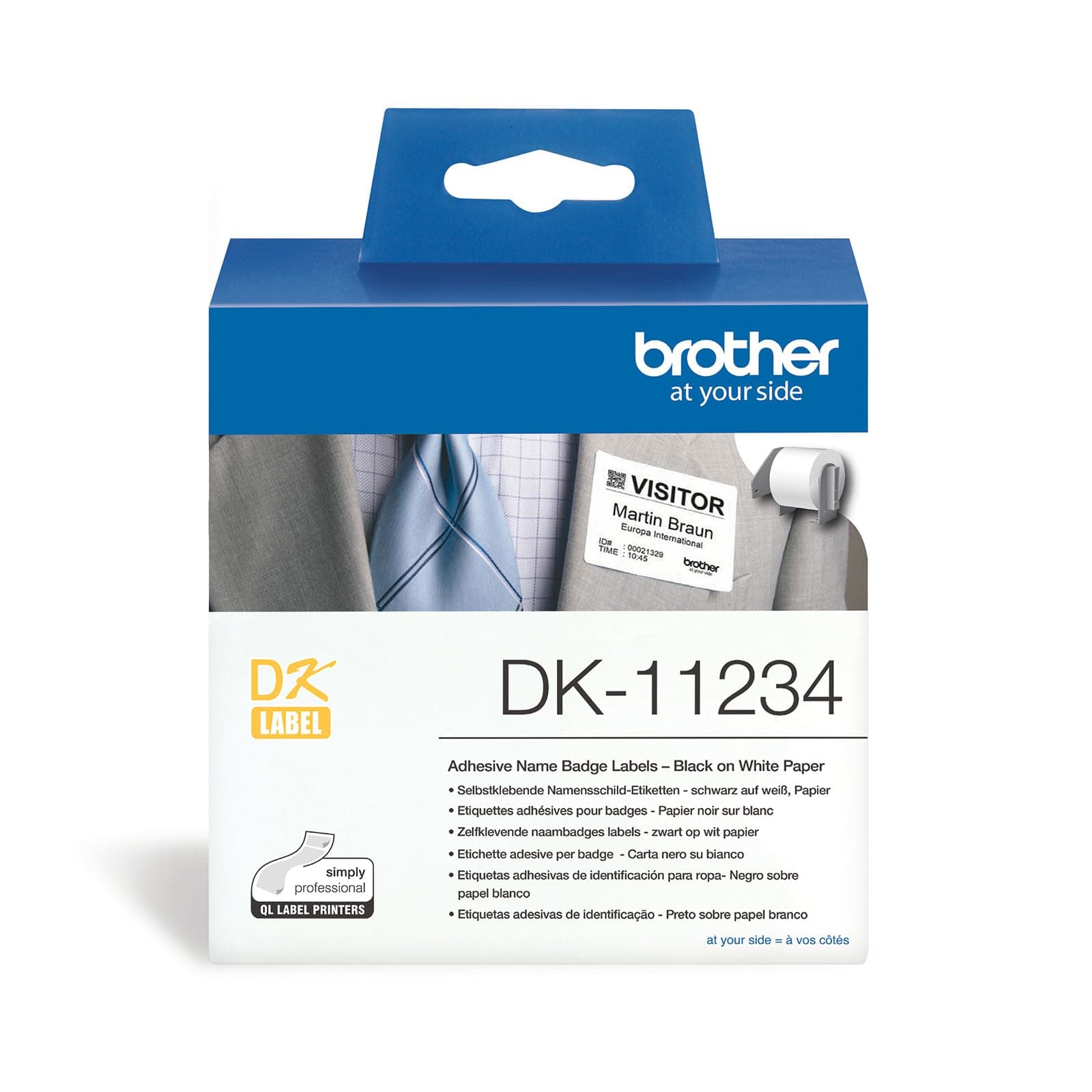 Brother DK-11234 Adhesive Visitor Badge Label Roll - Black on White, 60mm x 86mm